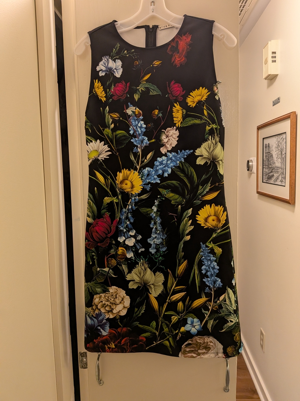 Alice + Olivia Black Floral Mini Dress with Multicolor Blooms